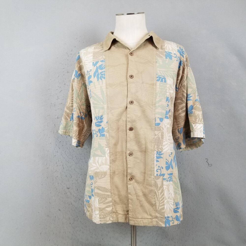 Boca Classics‎ Shirt Mens 2XL Tan Blue Hawaiian Aloha Camp Short Sleeve Button